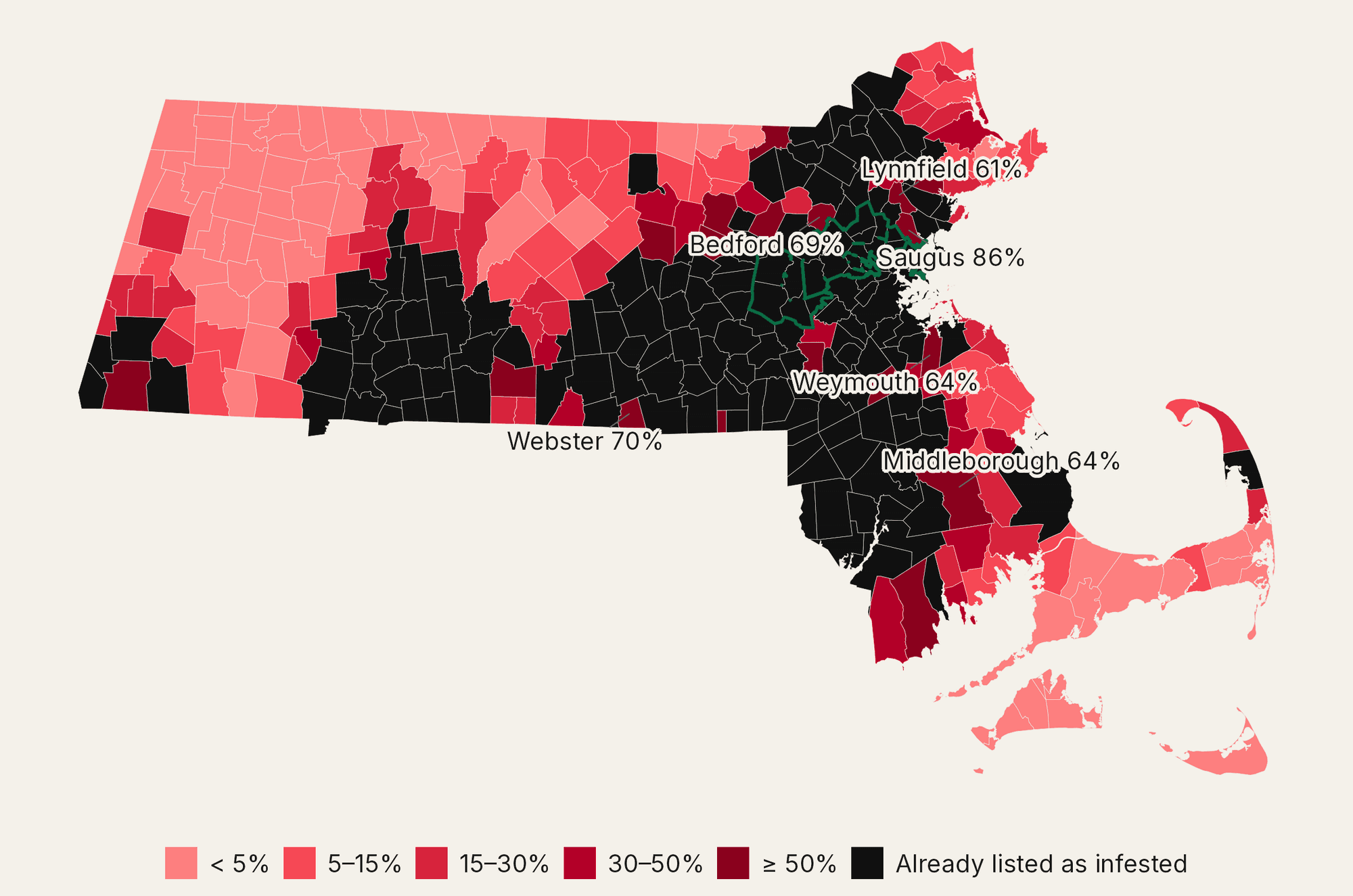 Massachusetts towns shaded by their chance of being listed in 2027; already-listed towns in black; the six likeliest towns labelled, Bedford among them.