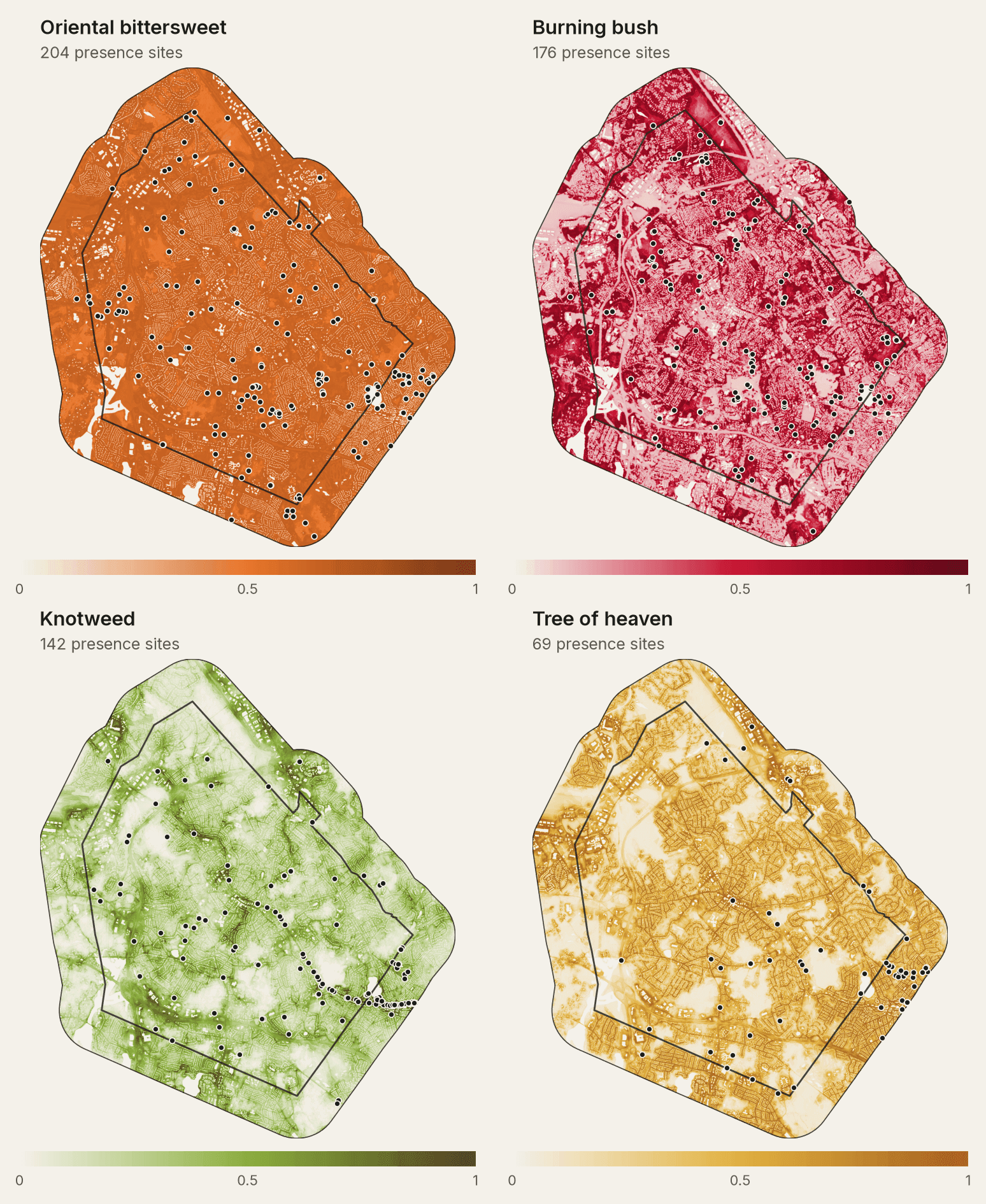 Four maps of Lexington in a grid, one per species, shaded by learned habitat suitability with iNaturalist presence sites as dots.